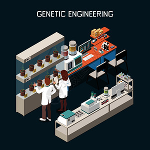 遗传学等距与科学家实验室与基因工程三维矢量插图设备图片