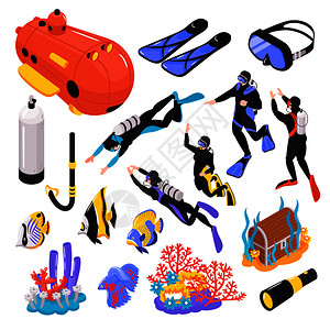 潜水装备深水潜水等距童话水下与深海宝箱鱼潜水员矢量插图插画