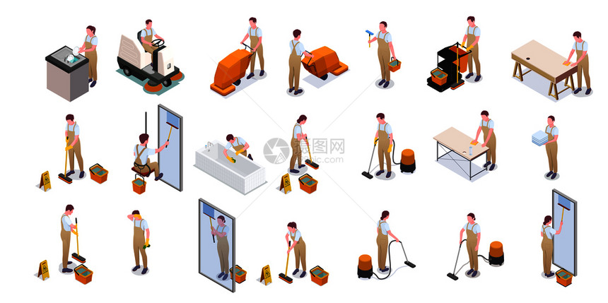 清洁等距隔离图标与清洁工工作服,洗碗,地板,管道窗户矢量插图图片