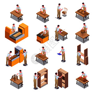 家具木匠家具生产等距图标与工人制作家具木柜台矢量插图插画