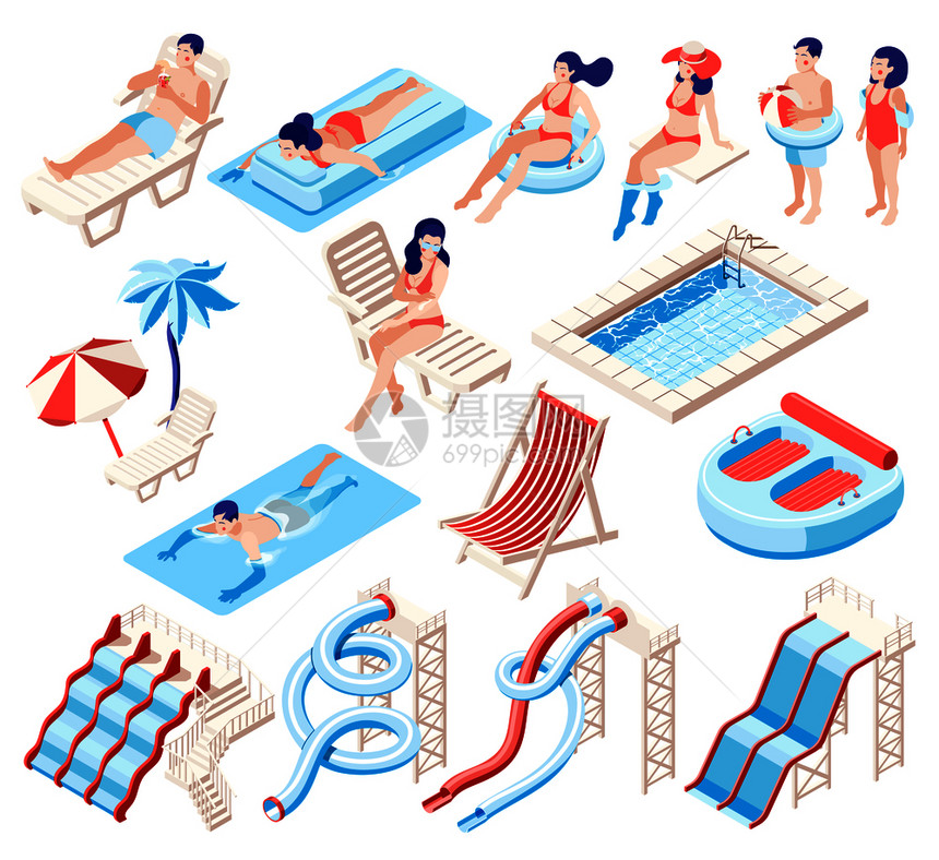 穿着泳衣的人花时间海滩上水上公园里,用幻灯片水池等距图标白色背景的三维矢量插图上图片