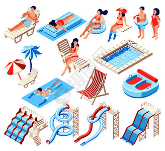 游泳池人穿着泳衣的人花时间海滩上水上公园里,用幻灯片水池等距图标白色背景的三维矢量插图上插画