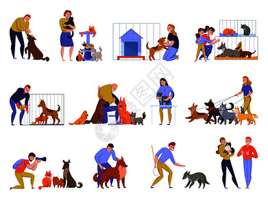 动物收容所狗猫涂鸦风格的人类人物动物图像宠物矢量插图插画