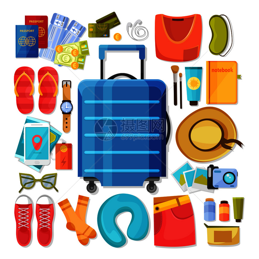 手提箱内容平图标成的孤立图像与个人物品的暑假旅行者矢量插图图片