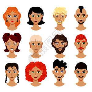 脸型图标同头发颜色发型的男女人物的肖像的卡通矢量插图插画