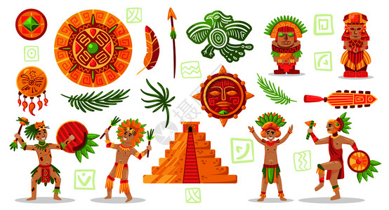 玛雅文明文化集涂鸦风格人物玛雅人部落珠宝项目矢量插图图片