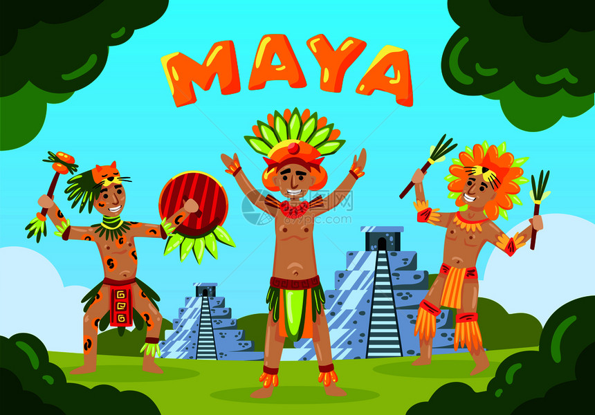 玛雅文明景观构图与文字卡通风格玛雅部落成员前的金字塔矢量插图图片