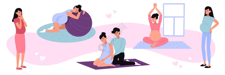 女按摩健康妊娠平与轻孕妇瑜伽健身运动矢量插图插画