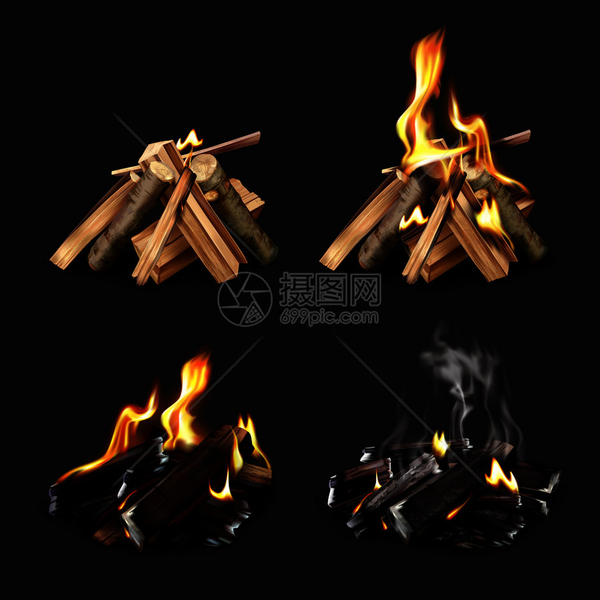 篝火阶段真实的四个图像集与篝火同的点燃烧矢量插图图片