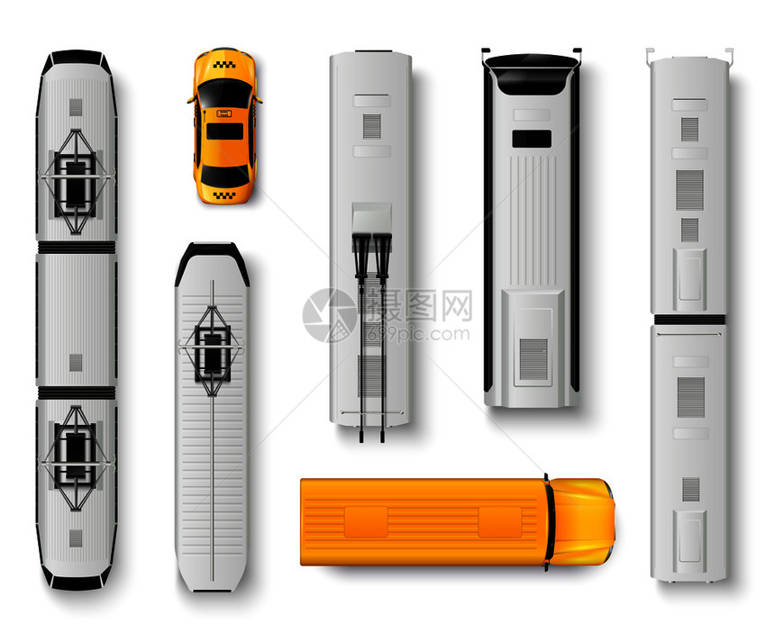 公共交通顶部视图逼真的图标与公共汽车出租车电车列车隔离白色背景矢量插图图片