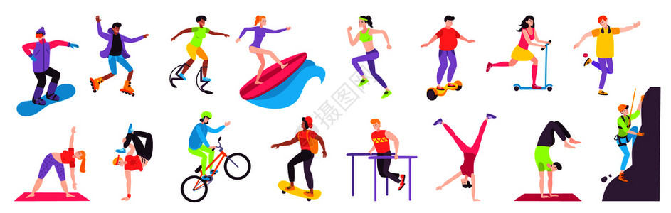 街头运动公寓与青少人物户外健身运动,骑自行车,自平衡滑板车滑板矢量插图图片