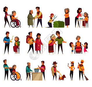老人专业社会帮助服务工作者志愿者家庭支持平卡通元素孤立矢量插图图片