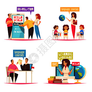 外国老师语言中心4平卡通作文与线培训词典儿童小课程矢量插图插画