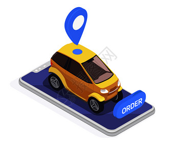 黄色出租车标志运输等距与智能手机黄色电动车白色背景三维矢量插图插画