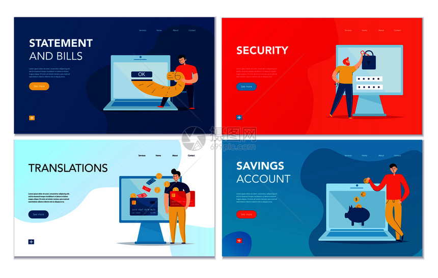 四个水平横幅与各种网上银行业务彩色背景孤立矢量插图图片