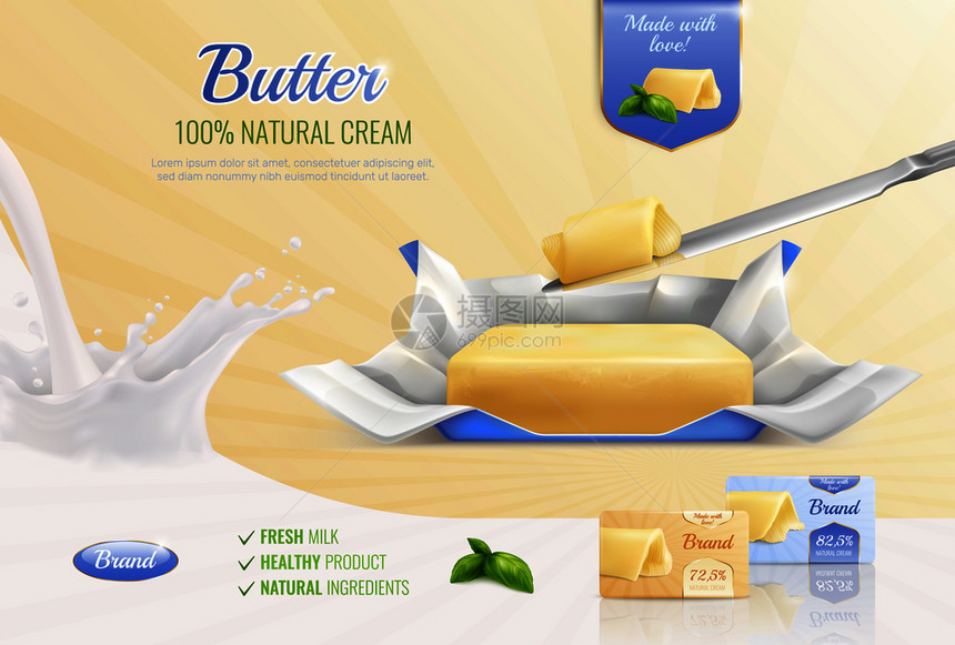 乳制品黄油写实构图广告品牌的模型,以文字鲜奶健康产品天然成分矢量插图黄油逼真的广告构图图片