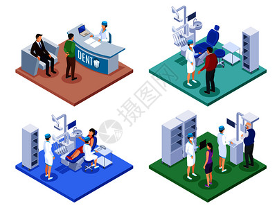 工作建议牙医办公室4等距成与接待处检查程序建议处方三维扫描矢量插图插画