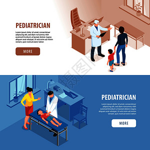 等距医生儿科医生医学横幅与人类特征的医学专家,父母儿童与文本矢量插图图片
