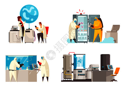微生物与四个成的人类特征生物危害适合附近的实验室设备单位矢量插图图片