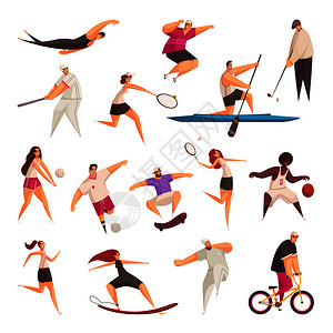 夏季运动集的孤立涂鸦风格的人的体育人物与工具空白背景矢量插图图片