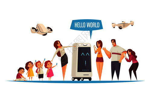 电话带字素材引导远足儿童机器人成与平字的儿童成人谈话机器人与无人机矢量插图插画