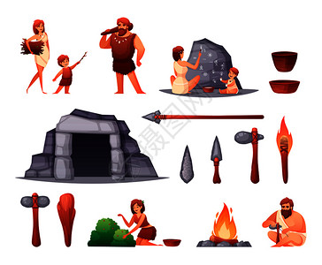 阴山岩画史前石器时代的穴居人家庭岩画开火工具平矢量插图插画