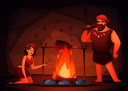 石器时代史前家庭内部平构图与穴居人家庭烹饪肉明火矢量插图背景图片
