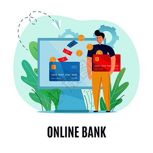 网上银行成与文字图像的人发送钞票硬币屏幕矢量插图网上银行背景图片