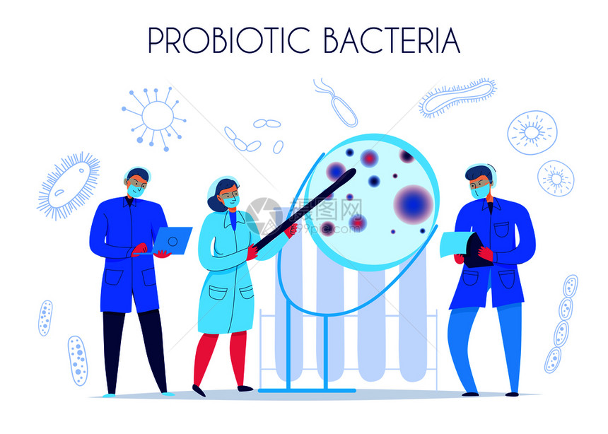 三位科学家科学实验室平板矢量图中研究益生菌图片