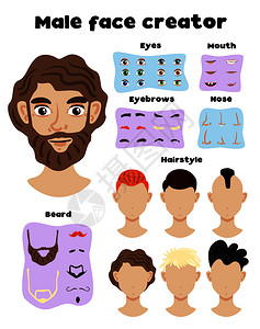 男部创建者集元素部模板与同的发型头发颜色矢量插图图片