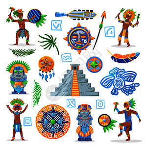传统卤制品玛雅文明色彩图像的部落珠宝与人物的土著人空白背景矢量插图插画