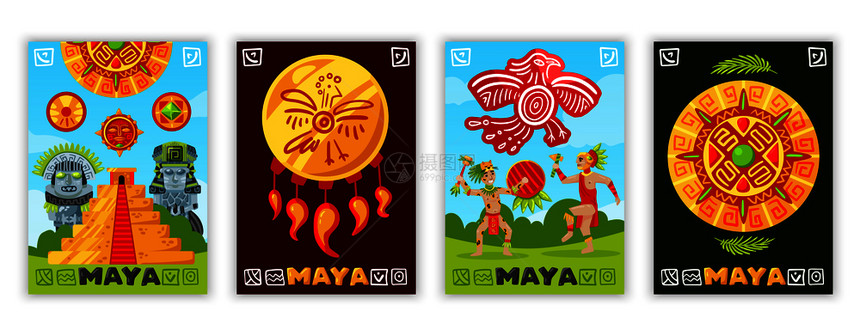 玛雅文明横幅与传统玛雅文字象形文字涂鸦人类人物部落珠宝项目矢量插图图片
