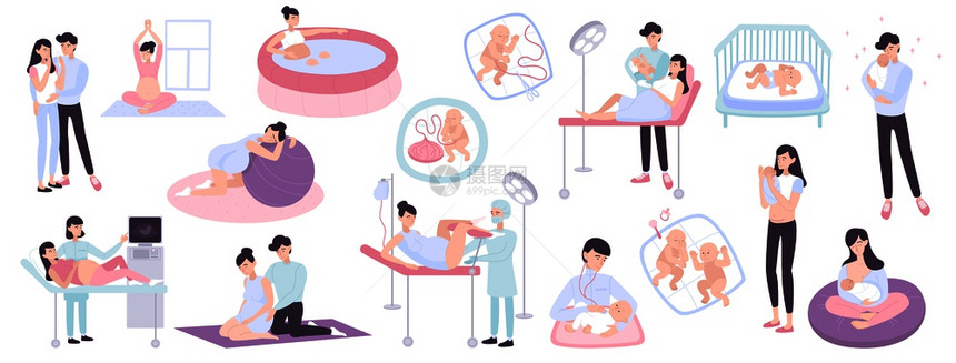 平收集妊娠分娩产妇场景与轻父母医生新生儿矢量插图图片