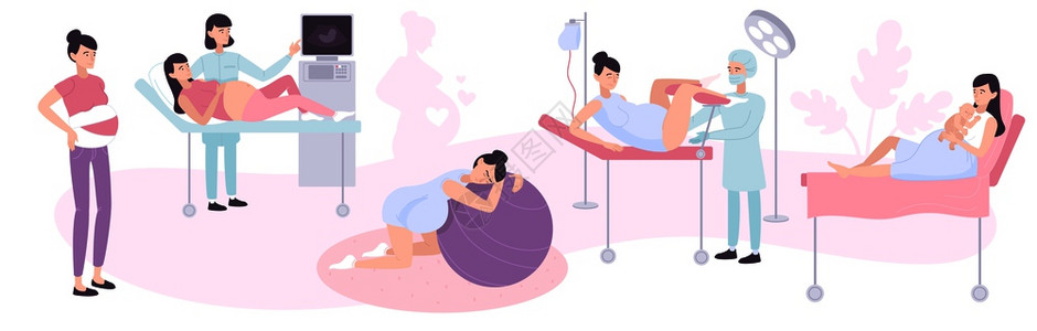 分娩产妇与医务人员检查孕妇分娩婴儿医院平矢量插图高清图片