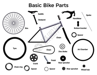 部分图像真实的自行车零件与自行车元素的孤立图像与文本标题的每个部分矢量插图插画