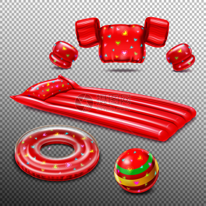 充气游泳配件的红色,包括救生圈空气床垫球隔离透明的背景现实矢量插图图片
