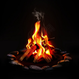 燃烧的木材篝火与橙色火焰周围的石头黑暗的背景现实矢量插图图片