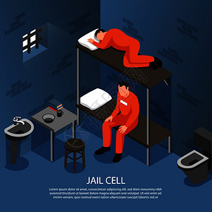牢房内部背景与金属棒窗户马桶水槽两个囚犯双层床等距矢量插图插画