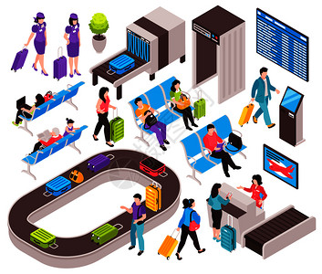 乘客区等距机场集与机场航站区的孤立元素与电子设备人字矢量插图插画