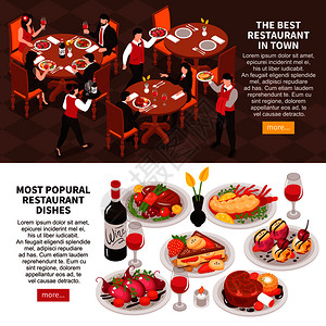 两个水平等距餐厅横幅与更多的按钮可编辑文本图像的菜肴矢量插图图片
