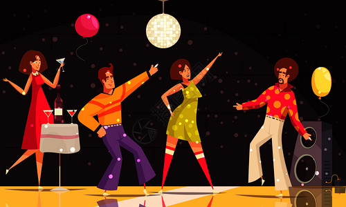 狂派舞迪斯科派背景与人们跳舞饮酒平矢量插图插画
