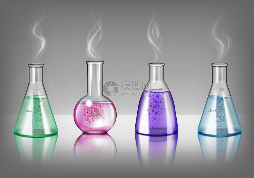 同形状的实验室璃器皿,逼真的烧瓶蒸馏器,填充彩色药水隔离矢量插图图片