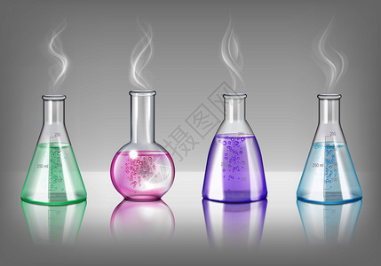 同形状的实验室璃器皿,逼真的烧瓶蒸馏器,填充彩色药水隔离矢量插图插画