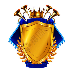 布旗纹章金色盾牌装饰蓝色,国王皇冠角现实的矢量插图插画