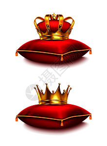 两个金色的皇冠红色仪式枕头上隔离白色背景现实矢量插图背景图片