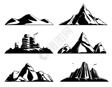 山岩景观单色的平图像集与地标,石头鸟类矢量插图插画