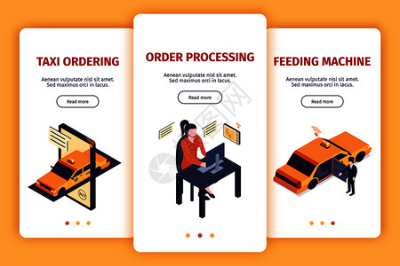 三个等距出租车垂直横幅与图像页切换按钮与可编辑的文本矢量插图图片