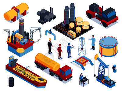 等距石油工业图标工具设备的石油生产井架机器工人矢量插图背景图片
