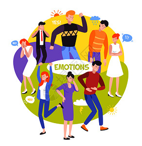 人们的情绪彩色的圆形构图,人物身体姿势手势平矢量插图来表现他们的情绪图片