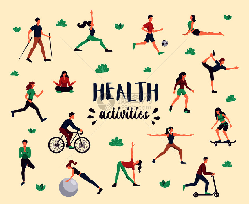 体育活动健康益于平人物瑜伽健身自行车北欧步行背景海报矢量插图图片
